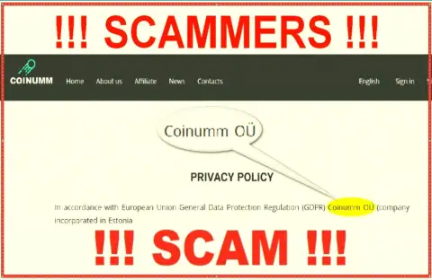 Coinumm fraudsters legal entity - this information from the scam website