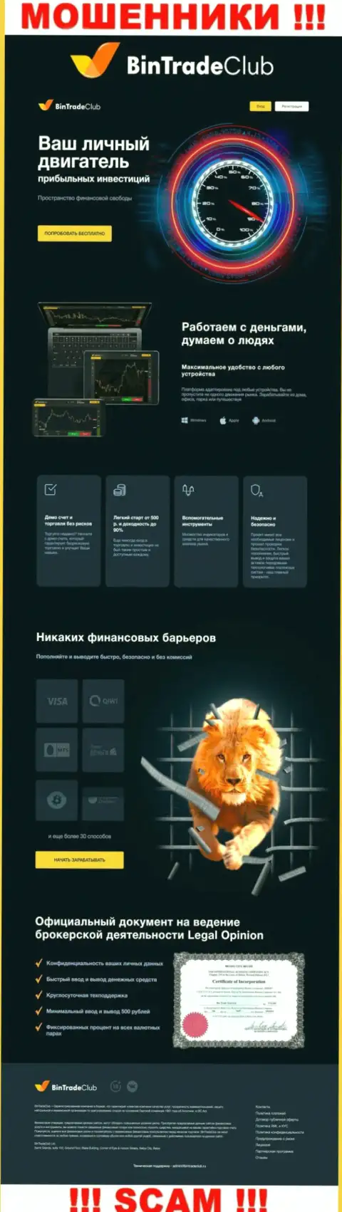 Официальная web-страничка мошеннического проекта BinTradeClub Ru