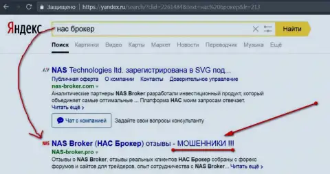 Первые две строки Yandex - НАС Брокер мошенники