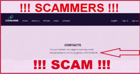Coinumm phone number listed on the scammers site