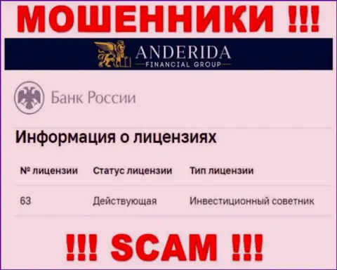 Anderida Financial Group утверждают, что имеют лицензию от ЦБ РФ (сведения с сайта ворюг)