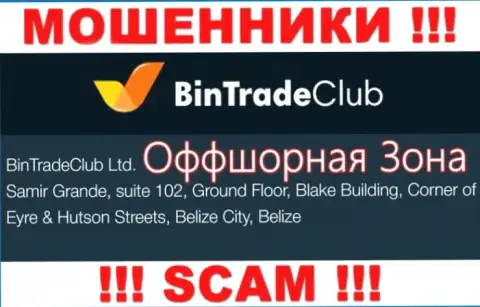 На официальном интернет-ресурсе Bin Trade Club расположен адрес регистрации указанной организации - Samir Grande, suite 102, Ground Floor, Blake Building, Corner of Eyre & Hutson Streets, Belize City, Belize (оффшорная зона)