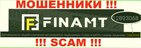 Мошенники Finamt Com не скрывают лицензию на осуществление деятельности, разместив ее на веб-сервисе, но будьте очень осторожны !