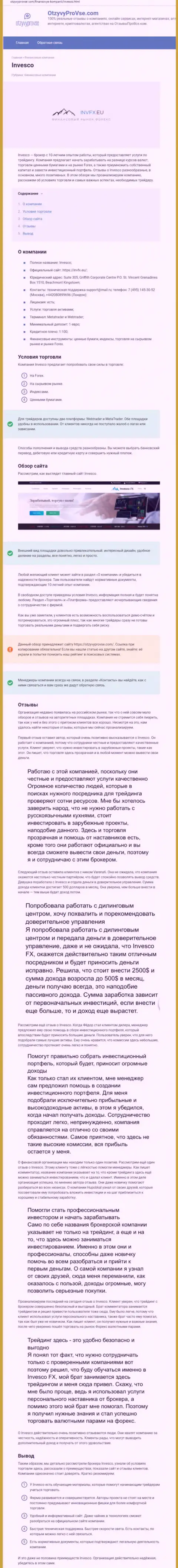 Сайт otzyvyprovse com представил своё мнение о форекс брокерской компании Инвеско Лтд