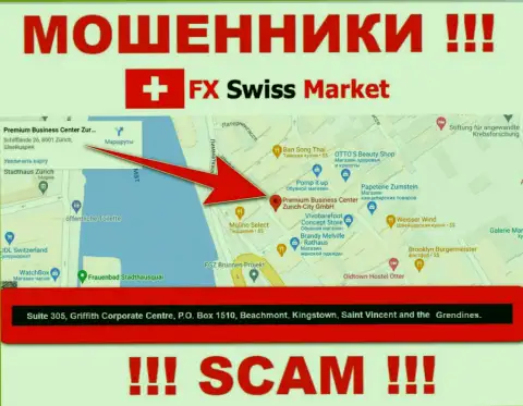 Организация FX-SwissMarket Ltd пишет на онлайн-ресурсе, что расположены они в офшорной зоне, по адресу: Suite 305, Griffith Corporate Centre, P.O. Box 1510,Beachmont Kingstown, Saint Vincent and the Grenadines