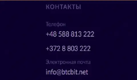 Номера телефонов и Е-майл компании БТКБит