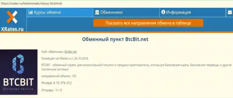 Краткая справочная информация об обменном пункте BTCBit на ресурсе xrates ru